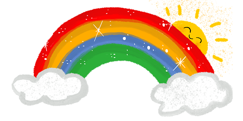 Illustration of a rainbow with red, orange, yellow, green, and blue arcs, two white clouds at each end, and a smiling sun partially hidden behind the rainbow.